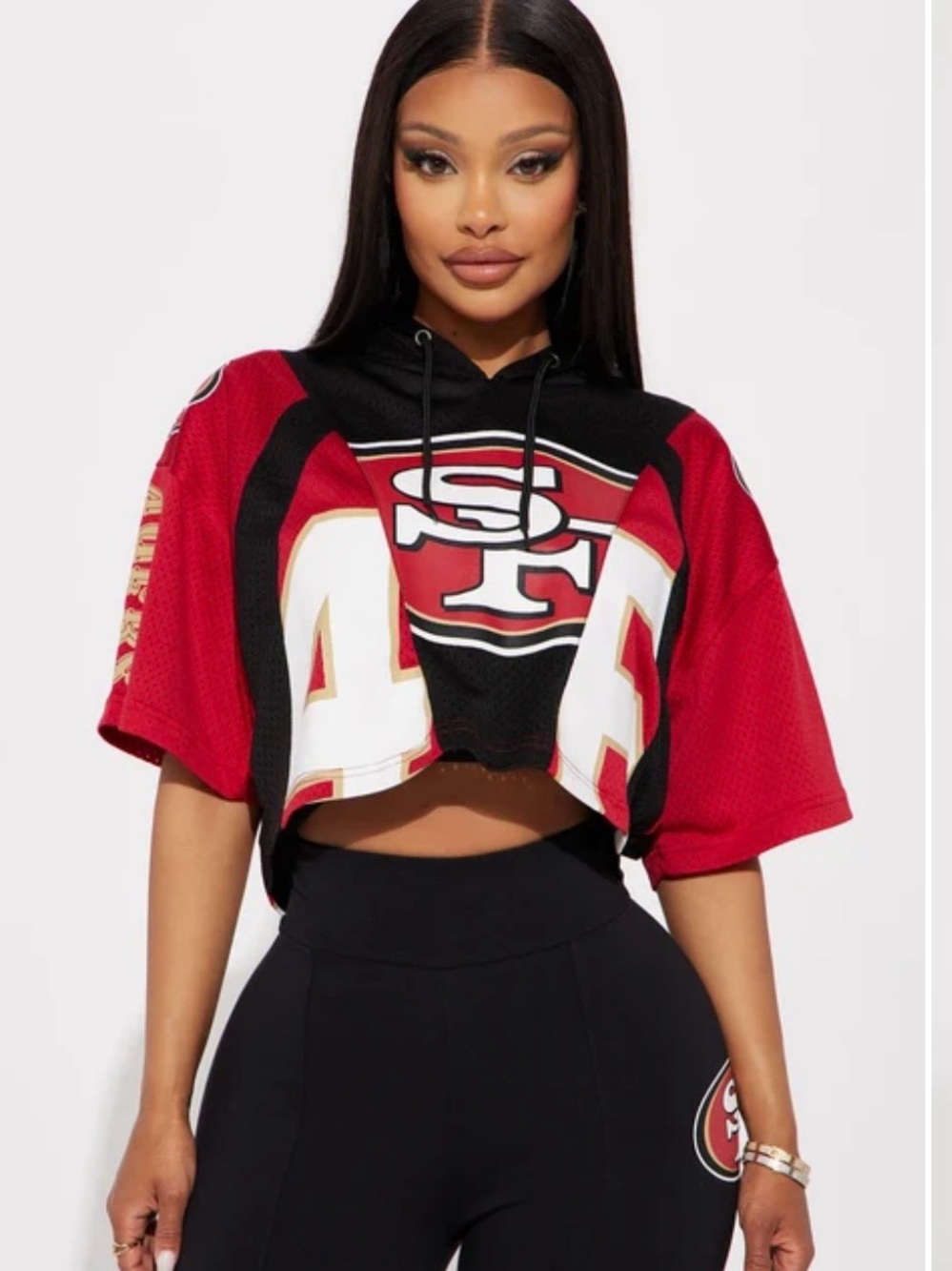 Fashion Nova Red & Black Cropped Hoodie Jersey